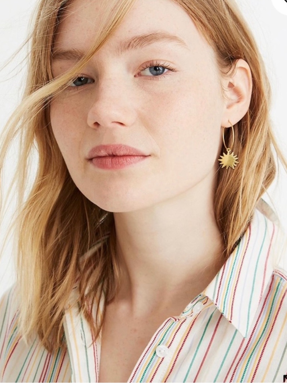 Madewell Gold Sunburst Hoop Earrings and Madewell Crystal stone necklace